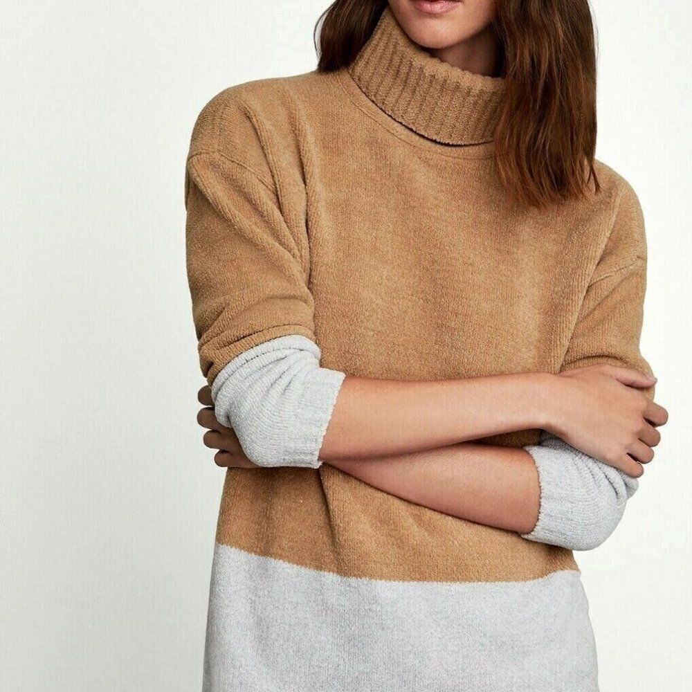 BCBG MAX AZRIA Colorblock Turtleneck Sweater Chenille Camel Gray Size Large $178